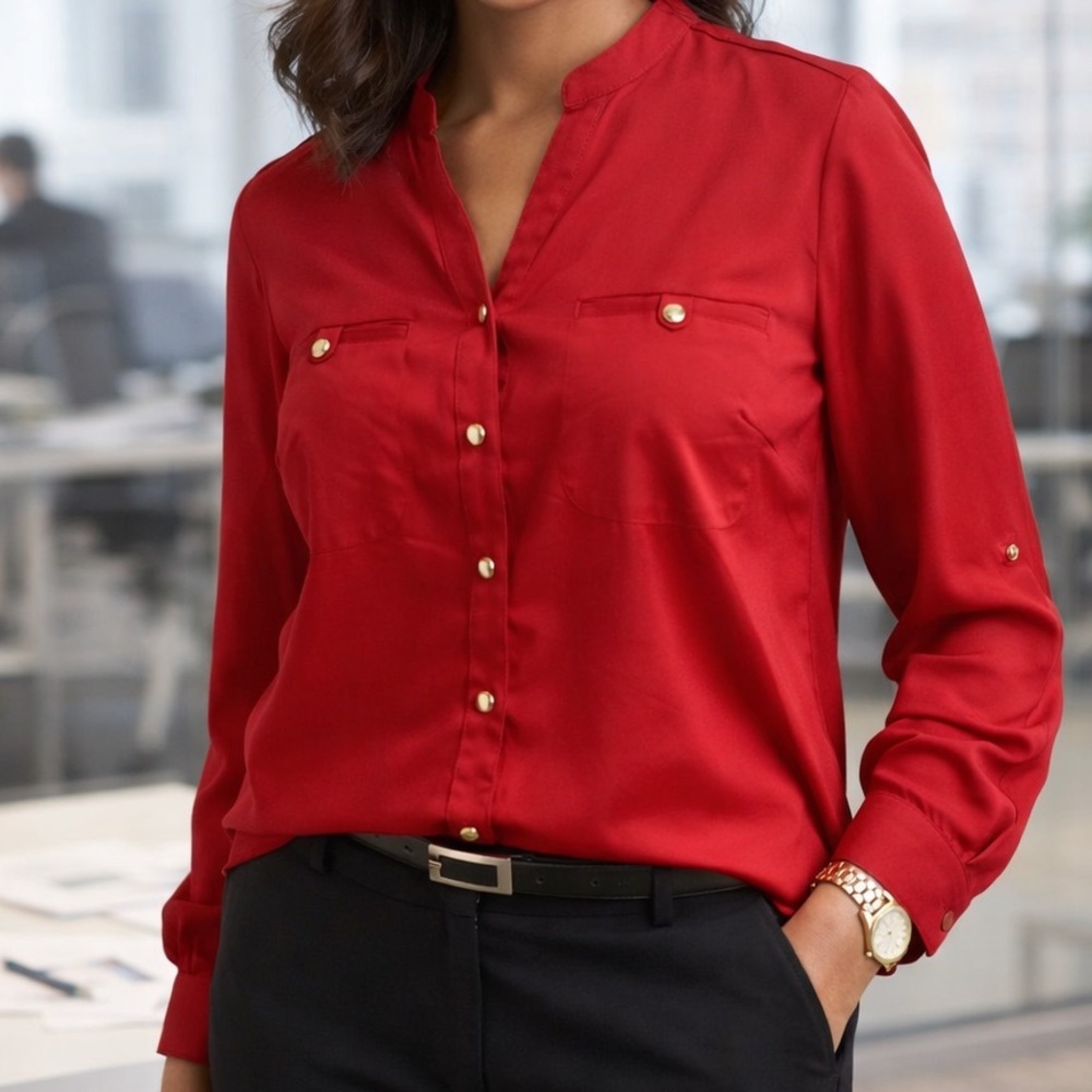 JM Collection Red Button Up Blouse Size 18 | Long Sleeve Career Office Top Plus - Picture 1 of 4